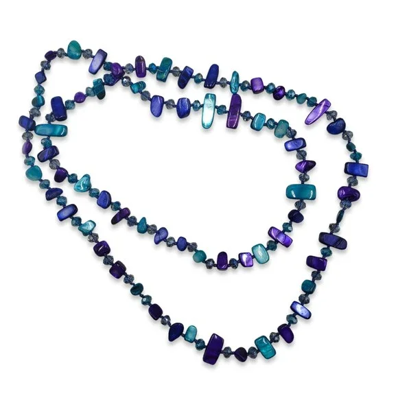 Purple Blue Dyed Mother of Pearl Shell Bead Long Necklace 46" - Picture 3 of 4